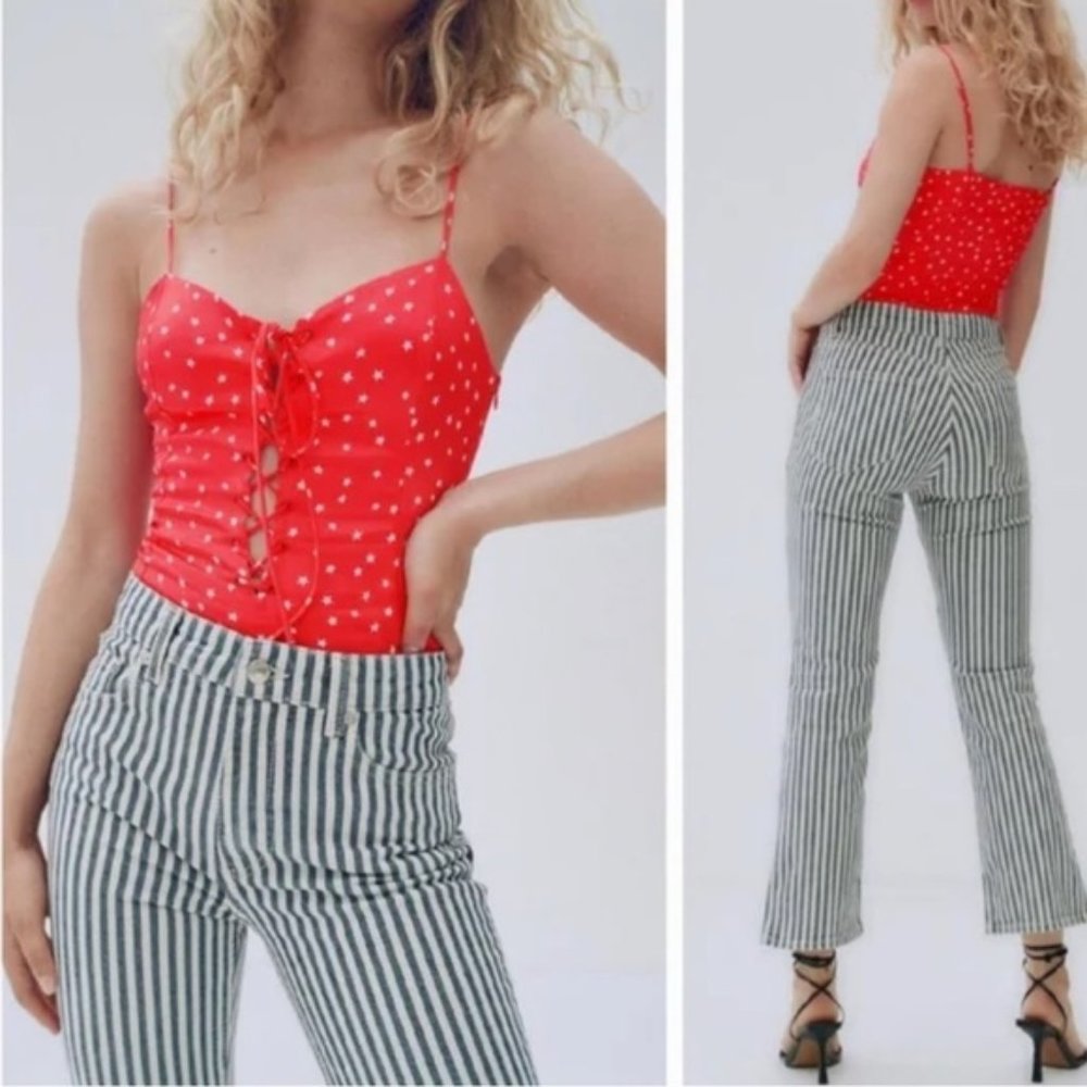 NWT - Zara Red Lace Up Satin Effect Star Print Bodysuit Side Zip